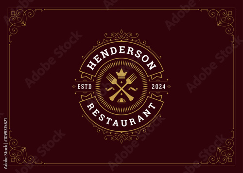 Vintage luxury floral swirl golden crossed fork with crown restaurant logo design template vector illustration. Classical elegant old style filigree scroll cutlery emblem label for cafe cuisine