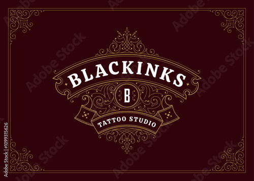 Vintage golden swirl luxury antique ribbon logo design template vector illustration. Premium flourishes Victorian old style ornament floral calligraphic emblem for tattoo studio coiffure barbershop