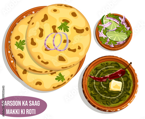 Sarson Ka Saag & Makki ki Roti Served in Earthen Bowls & Plate. Garnished with Lime, Parsley and Onions. Authentic Indian Punjabi Winter Dish Detailed Illustration 