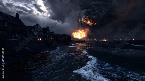 Coastal town engulfed in flames and storm.