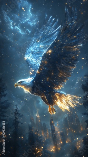 A majestic eagle with feathers made of light, soaring over a futuristic cityscape.  photo