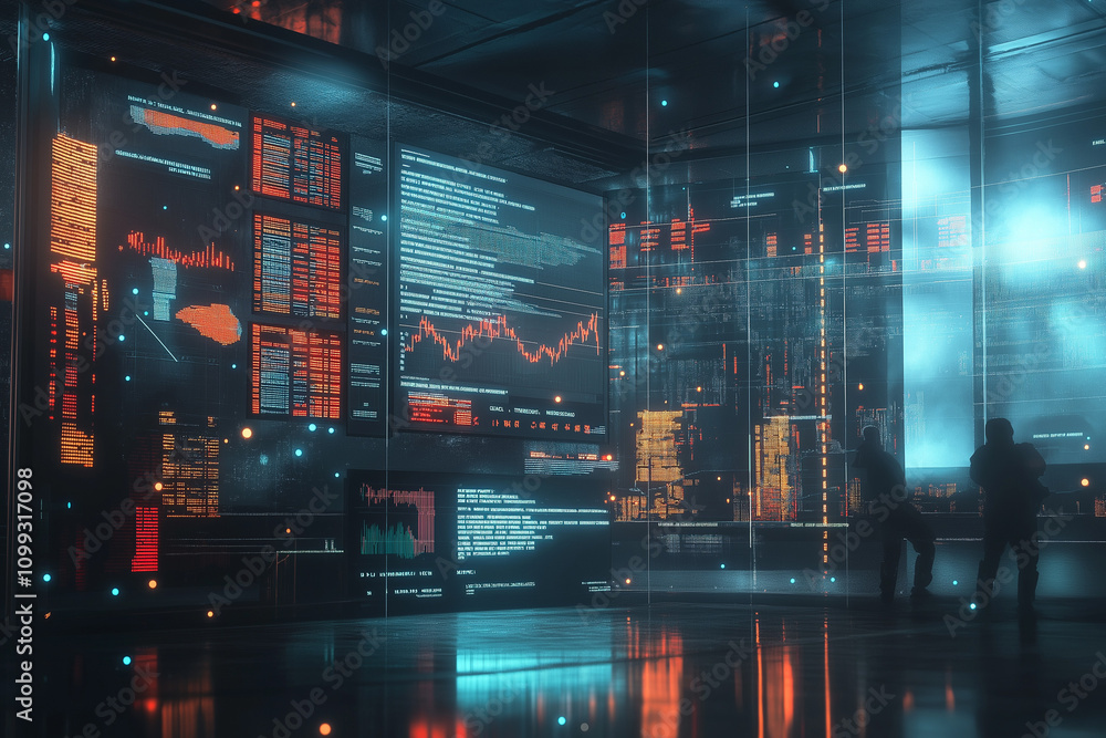 Fototapeta premium Futuristic Bitcoin trading floor during bull market, multiple floating screens showing explosive growth, celebrating traders as silhouettes.