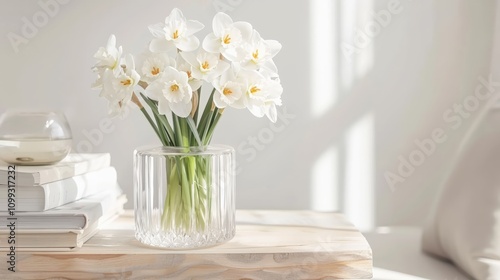 Wallpaper Mural A simple, elegant arrangement of white daffodils in a glass jar sits on a light wooden table next to a stack of books, evoking a serene and fresh atmosphere by a bright window. Torontodigital.ca