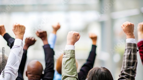 Fight for Rights - Blurred background of a diverse group with clenched fists raised for justice.
 photo