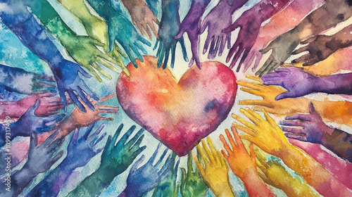 Colorful watercolor painting of many hands reaching out to form the shape of an open heart, symbolizing community support and unity team group vector illustration.