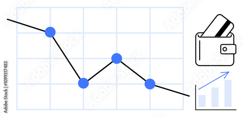 Financial chart with blue downward trend line and points, wallet with card, upward arrow graph. Ideal for finance, investment, budgeting, savings, expense tracking, economic forecasts debt