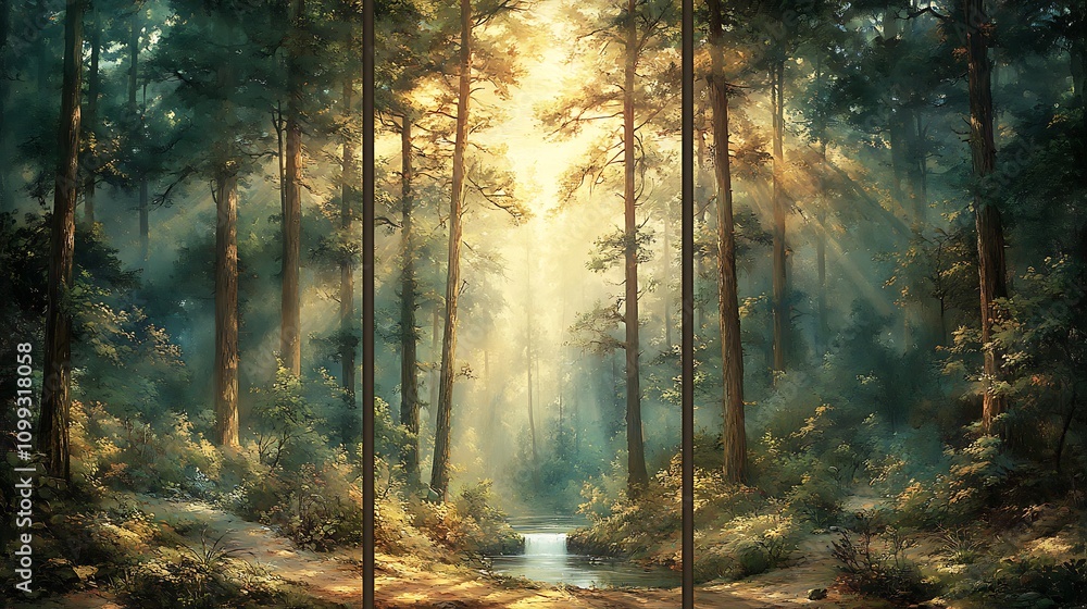 Obraz premium Three-panel forest artwork, tall pines with sunlight casting dappled light, a flowing river meandering through the trees, detailed foliage and soft shadows, high-definition textures,