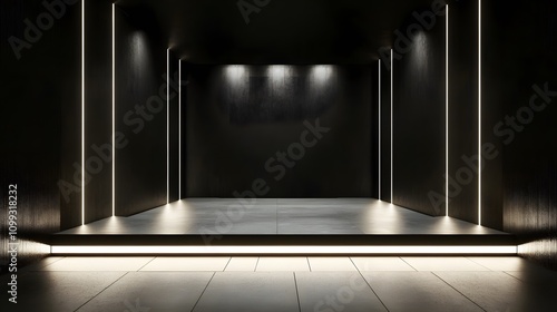 Dark room with illuminated stage and walls.