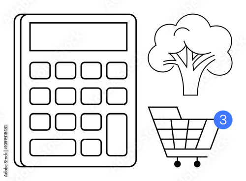 Simplified calculator, tree, and shopping cart with notification symbol. Ideal for finance, shopping, environment, eco-awareness, online orders savings time management. Line metaphor