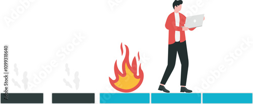 Workflow and time management to complete project on time, work fast and efficiently, productive worker concept, businessman working on Gantt's chart with fire following behind.
