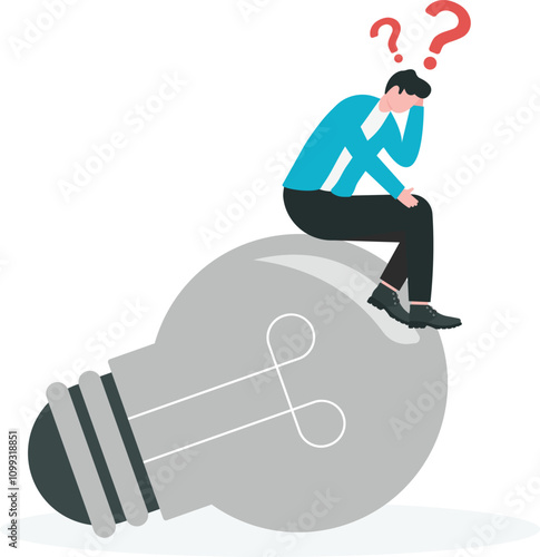 Burnout syndrome, emotional exhaustion in career, lack of creativity or new innovative idea concept, fatigued businessman sitting on old light bulb with with hands on head posture.

