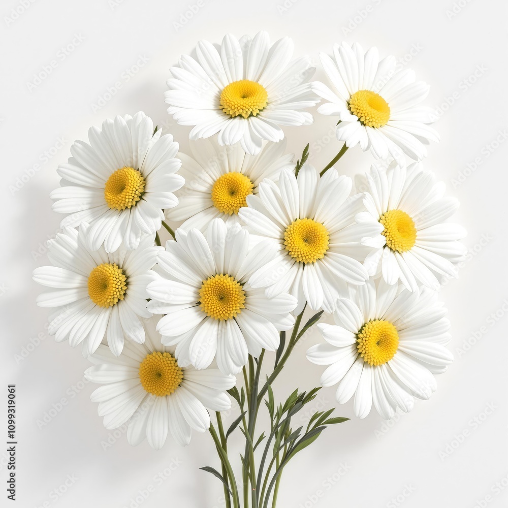 Fototapeta premium Aesthetic composition of white daisies with sunny yellow centers against a plain white backdrop, artwork, modern