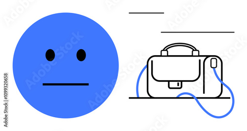 Neutral blue face and black line-art briefcase with blue headphones. Key themes emotion neutrality, work commute, professionalism, simplicity, modern lifestyle, communication, business travel. Line