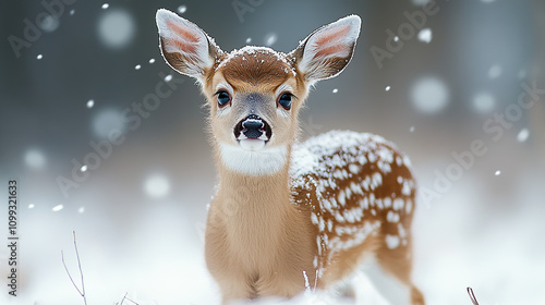 A close-up portrait of an adorable white-tailed deer fawn, standing in the snow-covered meadows during winter with falling snowflakes photo