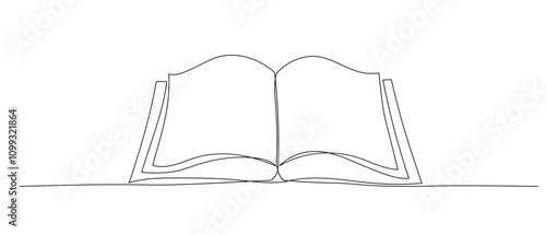Open book one line sketch. Hand drawn doodle vector illustration isolated on white background