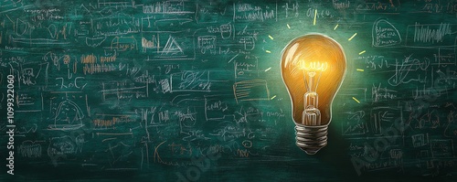 Handdrawn business doodles surrounding a light bulb on a green chalkboard, symbolizing brainstorming and innovation, vibrant sketches, creative atmosphere, highdefinition details photo