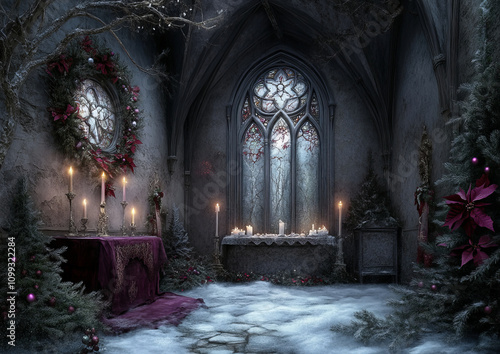 Gothic Christmas Chapel with Candlelit Decor, Stained Glass Windows, and Festive Wreaths in a Snowy Setting  
 photo