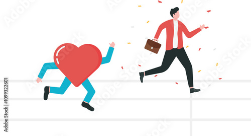 Searching for a passionate job for happiness, self motivation to chase dreams, ambition to find the right career concept. Businessman chasing heart ahead.
