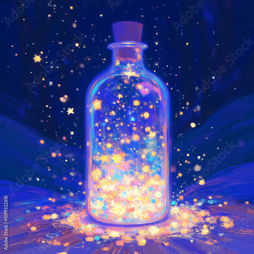 An artistic illustration of a glass bottle filled with glowing lights against a dark background, creating a magical and enchanting visual effect for graphic resources. photo