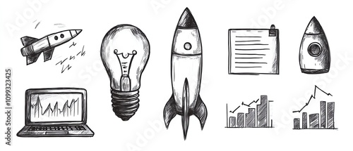 Sketch of various business and ideageneration icons photo