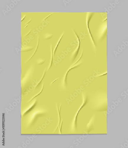 Paper wrinkled poster or flyer, glued creased rectangle yellow sheet, vector realistic wet crumpled vertical paper blank