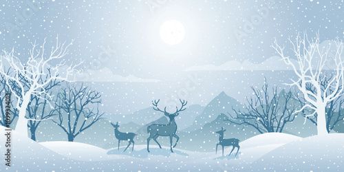 Winter landscape, deer in the forest, snowdrifts and forest, snowfall and sunshine, vector illustration	