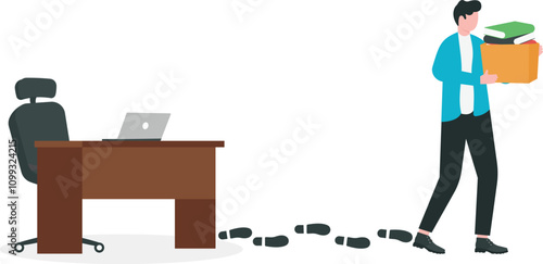 Leave job with repetitive tasks, start new career path, self motivation to face new challenge concept. Businessman stepping out of circle of footprints metaphor of finishing endless career loop.
