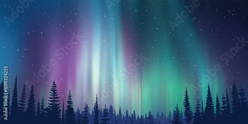 Contour of trees against the background of aurora borealis, winter holiday illustration