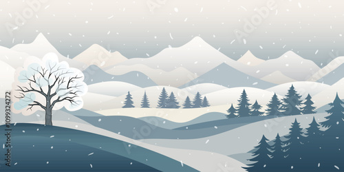 Winter mountains landscape, snowdrifts and snowfall, vector illustration	
