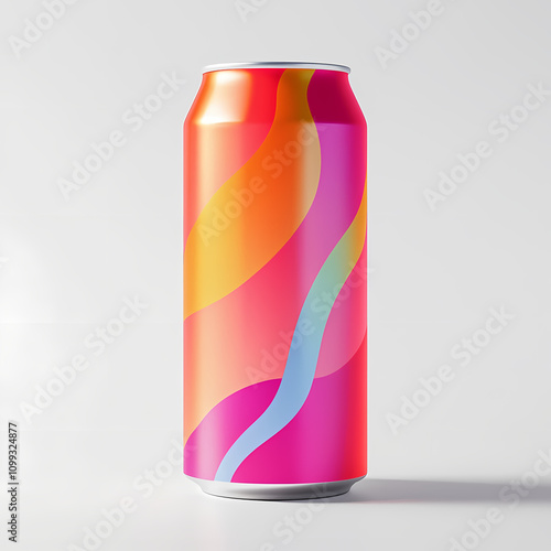 A vibrant soda can with a bold graphic design isolated on a white backdrop