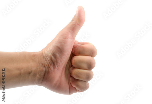 Male hand giving thumbs up on white background, Positive gesture