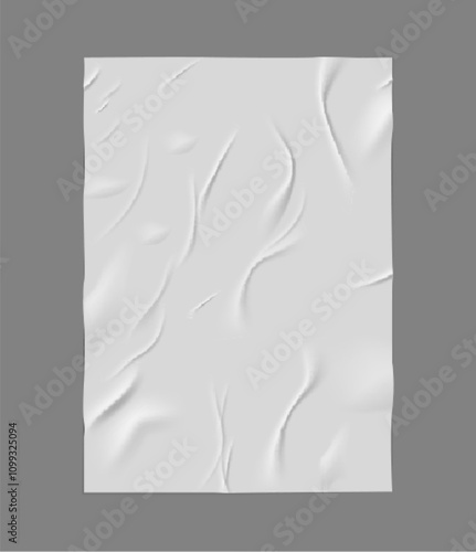 Paper wrinkled poster, glued wrinkles rectangle white sheet, vector realistic crumpled vertical paper blank, wet sticker