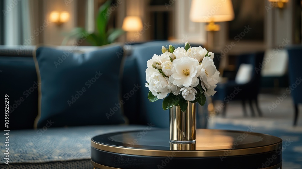 Fototapeta premium Elegant White Floral Arrangement for Luxury Celebration in Upscale Hotel Setting