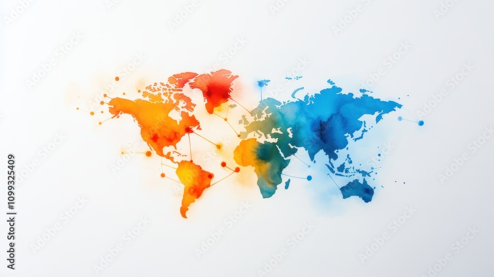 Fototapeta premium Watercolor Map Illustrating Global Location Connectivity and Interconnectedness Across the World