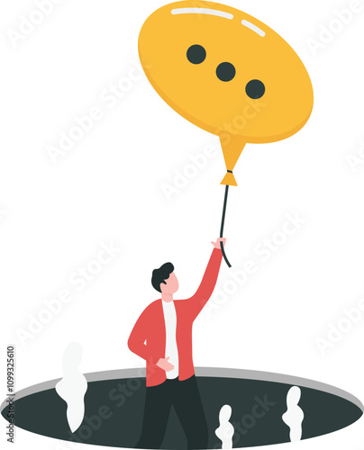 Think outside the box to change business for the better, self motivation to develop creativity or innovation for working concept. Businessman holding thought bubble balloon flying out of box.
