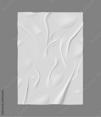 Paper wrinkled poster or flyer, vector realistic glued creased rectangle white sheet, wet crumpled vertical paper blank