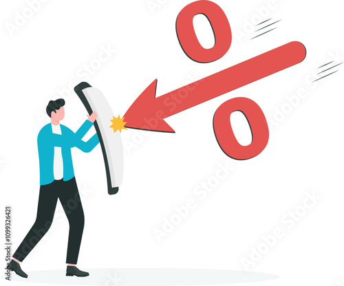 Measures to prevent high inflation from government or central bank, federal reserve policy to maintain economy concept. Businessman holding shield to face percent up arrow symbol.

