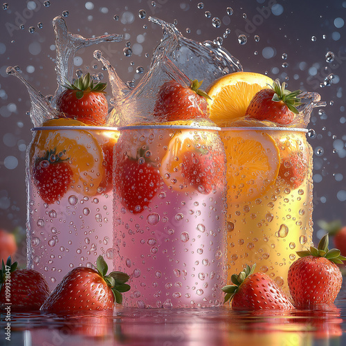 Three cans, pink and yellow, filled with a light-colored drink, strawberries, and orange slices. Splashes of liquid are around the cans photo