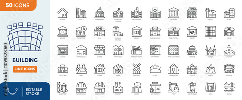 Building Line Editable Icons set. contains icons of residential and public buildings: house, office, condo, government, school, hotel, shop, university, hospital and more. Vector illustration.