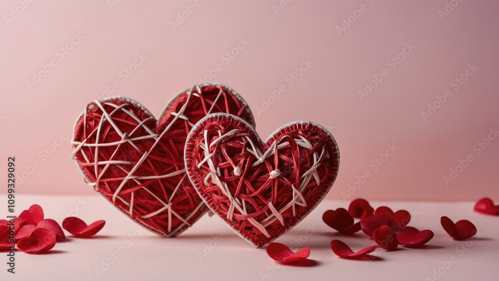 Fototapeta premium Intertwined red hearts with white thread details with scattered heart-shaped petals, symbolize love and unity.Festive pink background