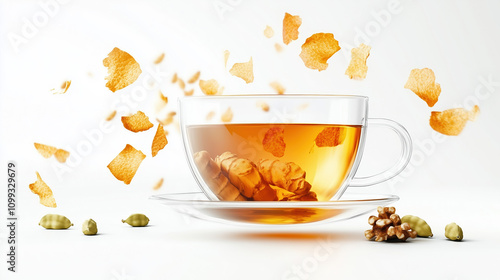 Sipping Ginger Cardamom Tea in a Cup, Isolated on White Background, Hot Tea Beverage with Spices for Health photo