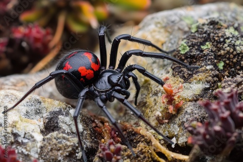 Black Widow Spider. Close-up View of Black Widow on Web in Natural Setting photo