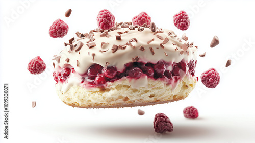 Delicious White Chocolate Raspberry Scone with Fluffy Texture, Isolated on White Background, Dessert Treat photo