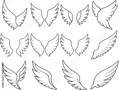 Set of bird or angel wings outline vector illustration simple design