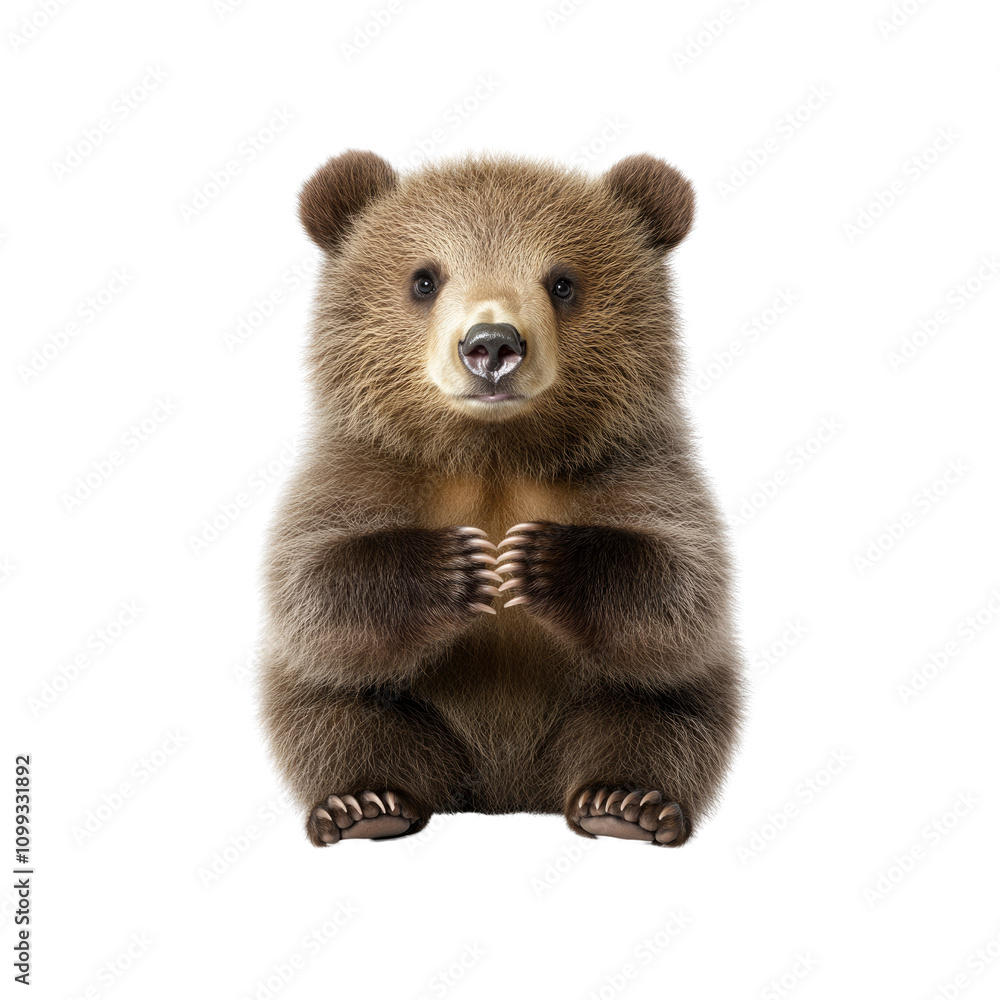 Fototapeta premium Adorable Brown Bear Cub Sitting on White Background
