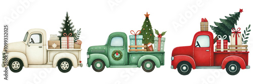 Colorful Christmas decorative. Three vintage trucks in festive colors, each carrying Christmas trees and gifts, evoke a cheerful holiday spirit.