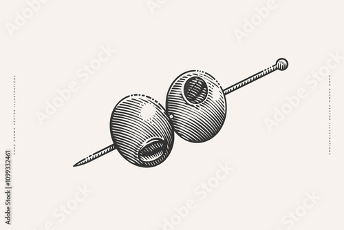 Hand drawn vintage illustration of two olives skewered on a cocktail stick in an engraving style. Ideal for food, cocktail, or bar-related design projects.