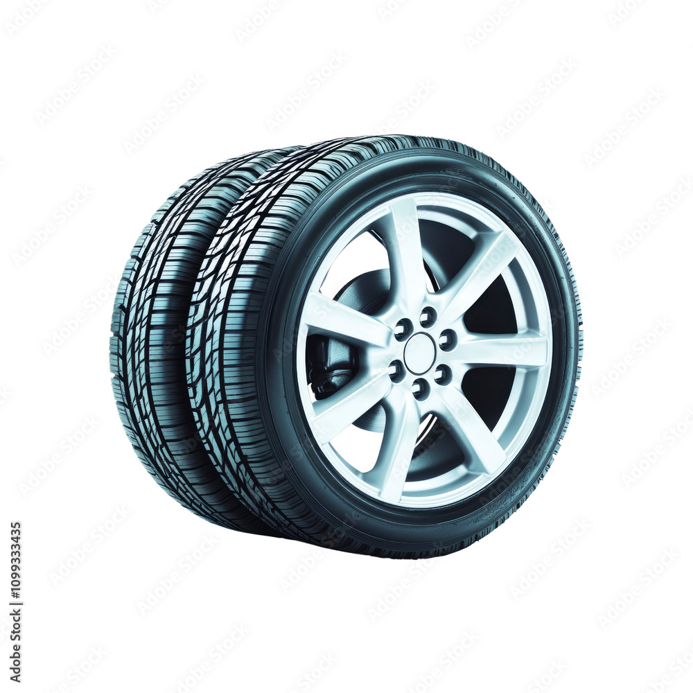 Obraz premium Close-up of Two New Car Tires with Alloy Wheels on White Background