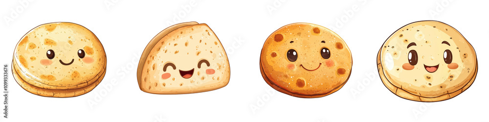 Fototapeta premium Cartoon-style pita bread with a smiling face, isolated on white background. Collection Set PNG.