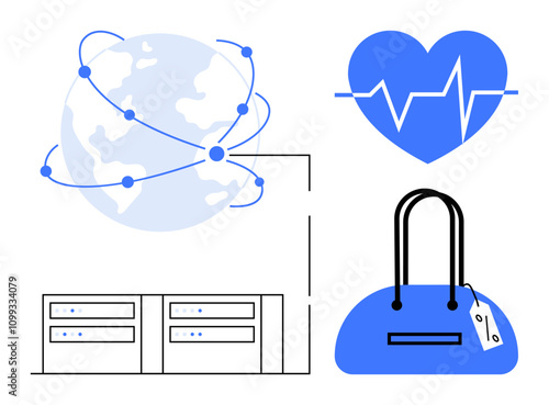 Globe with interconnected nodes, heart with heartbeat line, data servers, and shopping bag with tag. Ideal for technology, health, e-commerce, global network, digital transformation online business